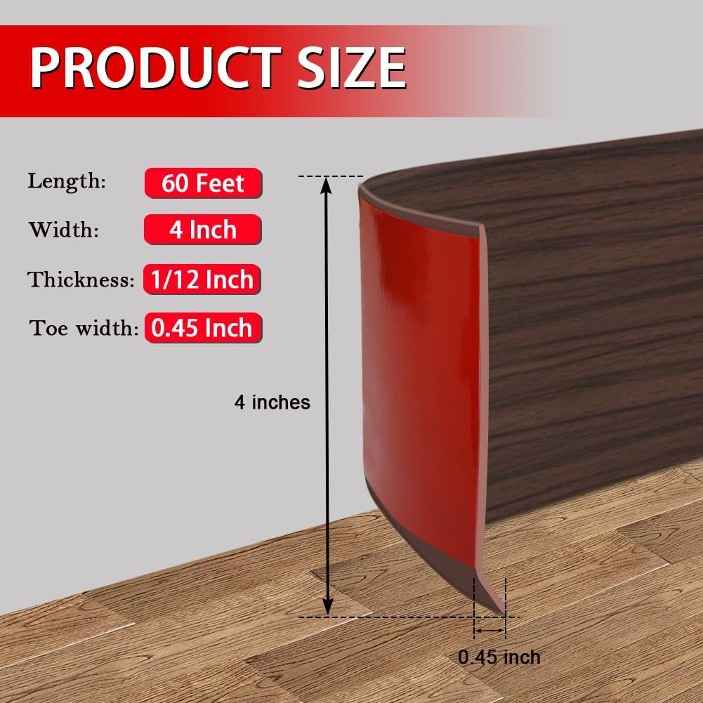 Vinyl Wall Base Baseboard Molding Trim 4" Flexible Self Adhesive Rubber Wall Base Moulding Trim Peel and Stick Design, 4 Inch x 60 Feet, Brown Wood Grain