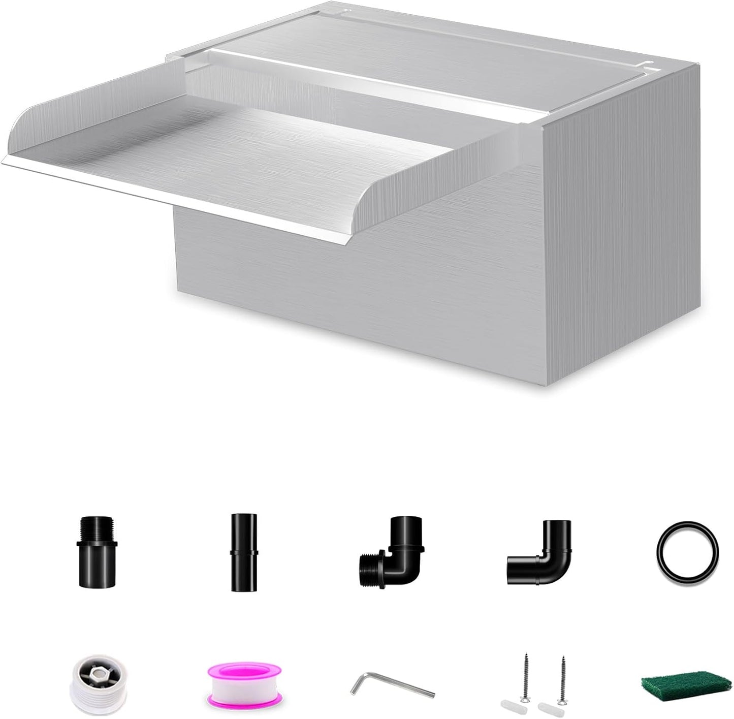 Waterfall Pool Fountain LONGRUNNEW 304 Stainless Steel 9.06" Rectangular Waterfall Spillway, Water Fall Fountain with Pipe Connector for Garden Outdoor, Swimming Pools, Fountains, Pond and Spa