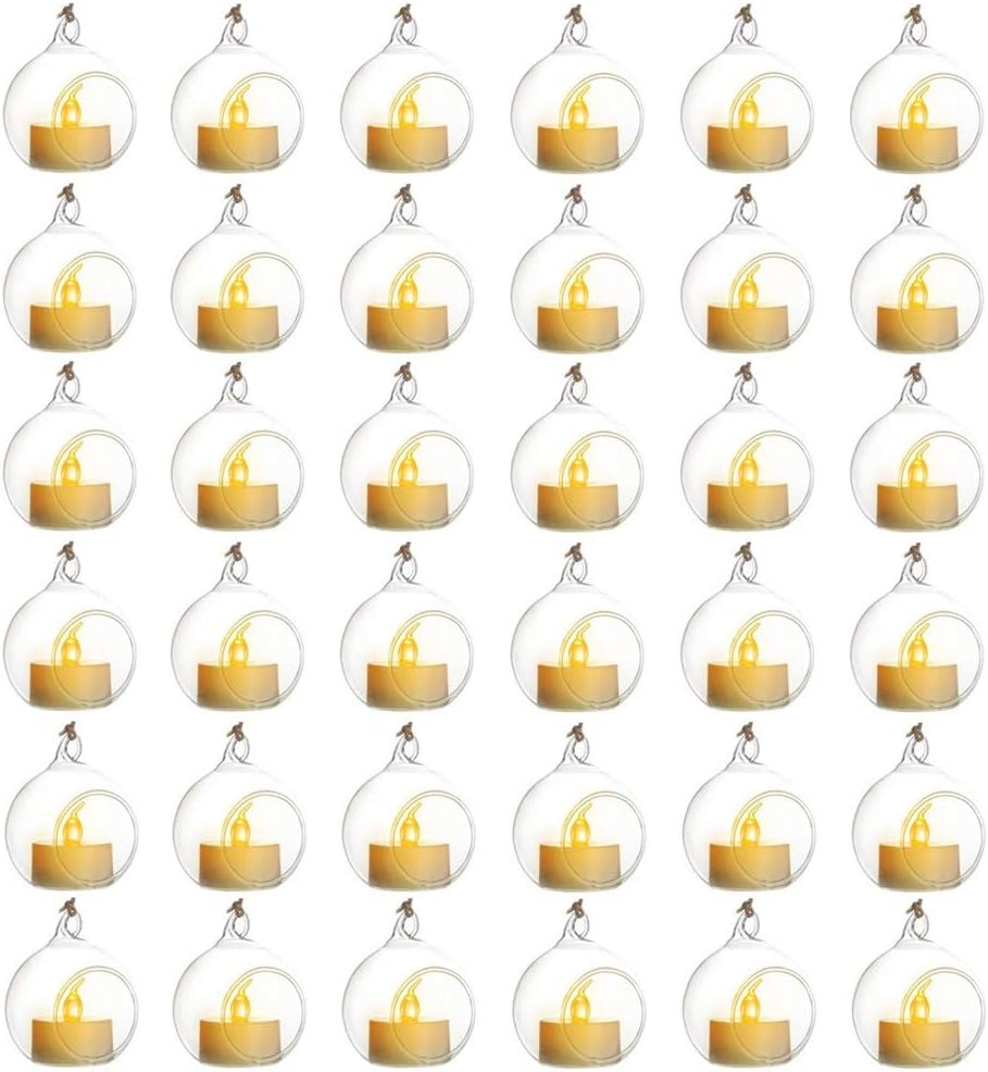 Sziqiqi Hanging Glass Globes Orbs Tea Light Candle Holders with Flameless LED Tealight for Wedding Ornaments, Wedding Birthday Christmas Party Centerpiece Accessory 2.36inch 30pcs +6 Extra