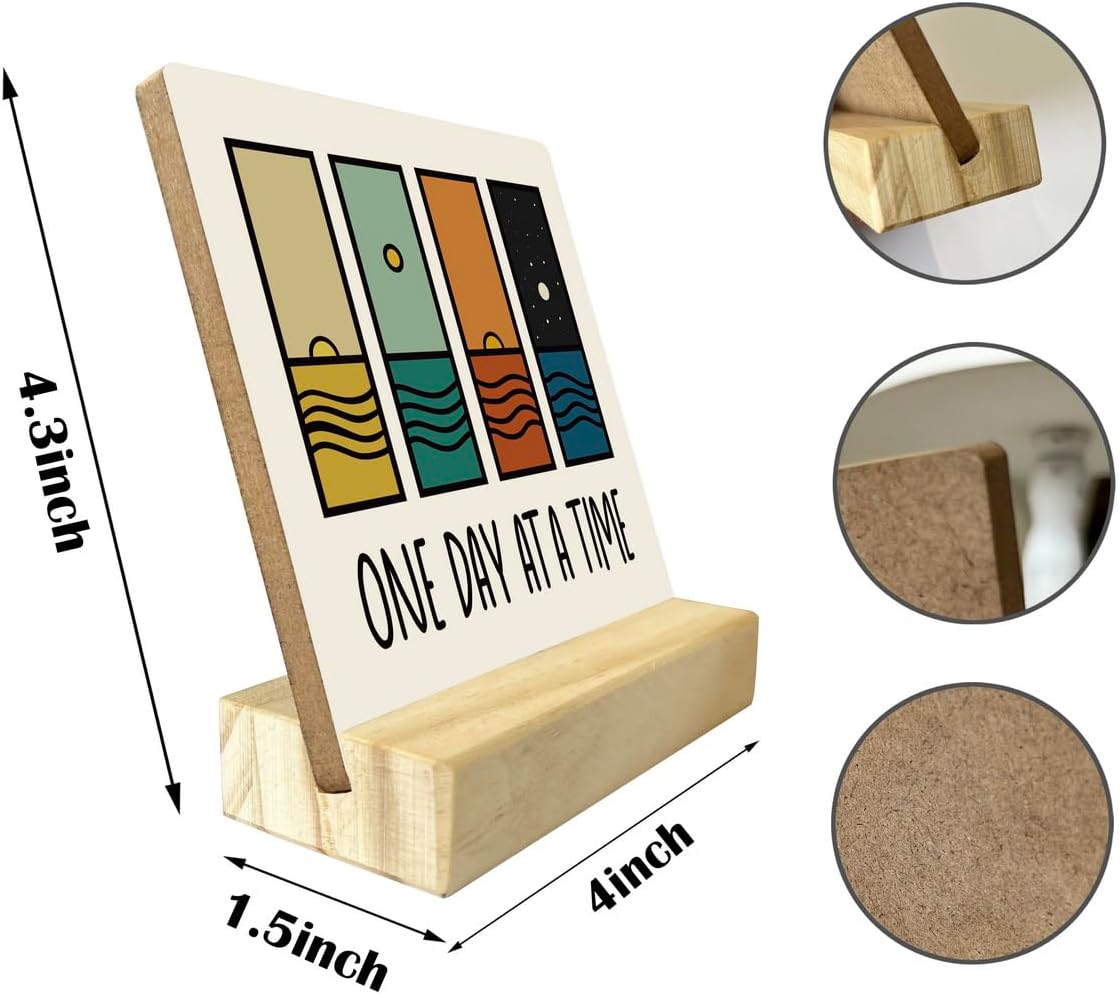 Primitive Wooden Sign, One Day at A Time, Desk Plaque with Wooden Stand 4 x 4.3 inches, Modern Decoration, Farmhouse Table Plaque Signs, Rustic Home Decor Plaque, Inspirational Sign, Uplifting Gift