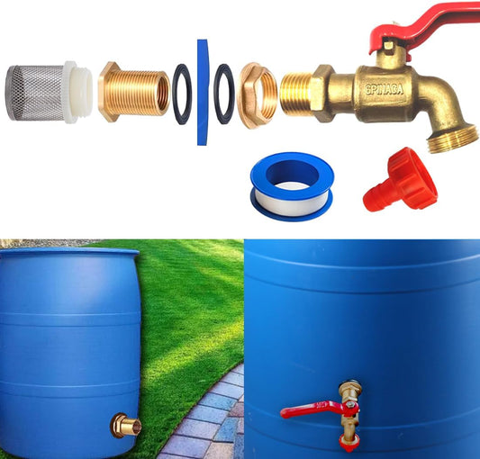Rain Barrel Spigot, Brass Faucet Kit for Rain Water Barrel, Water Tanks, Tubs, Pools Etc, Turn Ball Valve Rain Barrel Spigot with Bulkhead Fitting Set, Hose Adapter, Filter Mesh and Tape