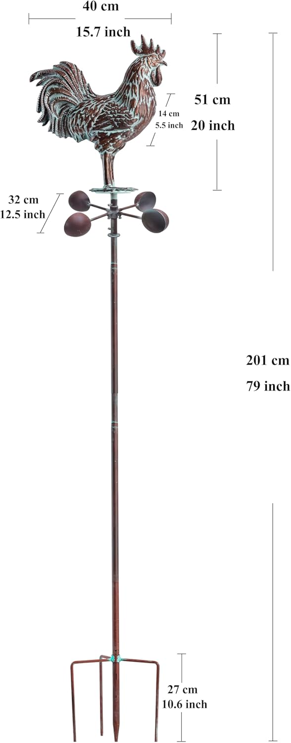 Metal Garden Rooster Yard Decor,79" Copper Wind Sculptures & Spinners,Large Outdoor Chicken Decor,Metal Kinetic Outdoor Chicken Wind Spinner for Yard and Garden,Yard Art for Patio,Lawn,Farm