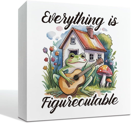 Inspirational Desk Signs, Rustic Wooden Box Signs, Motivation Wood Plaque for Office Cubicle Workplace Decor, Tabletop Decors, Everything is Figureoutable Sign 5×5×1.2inches