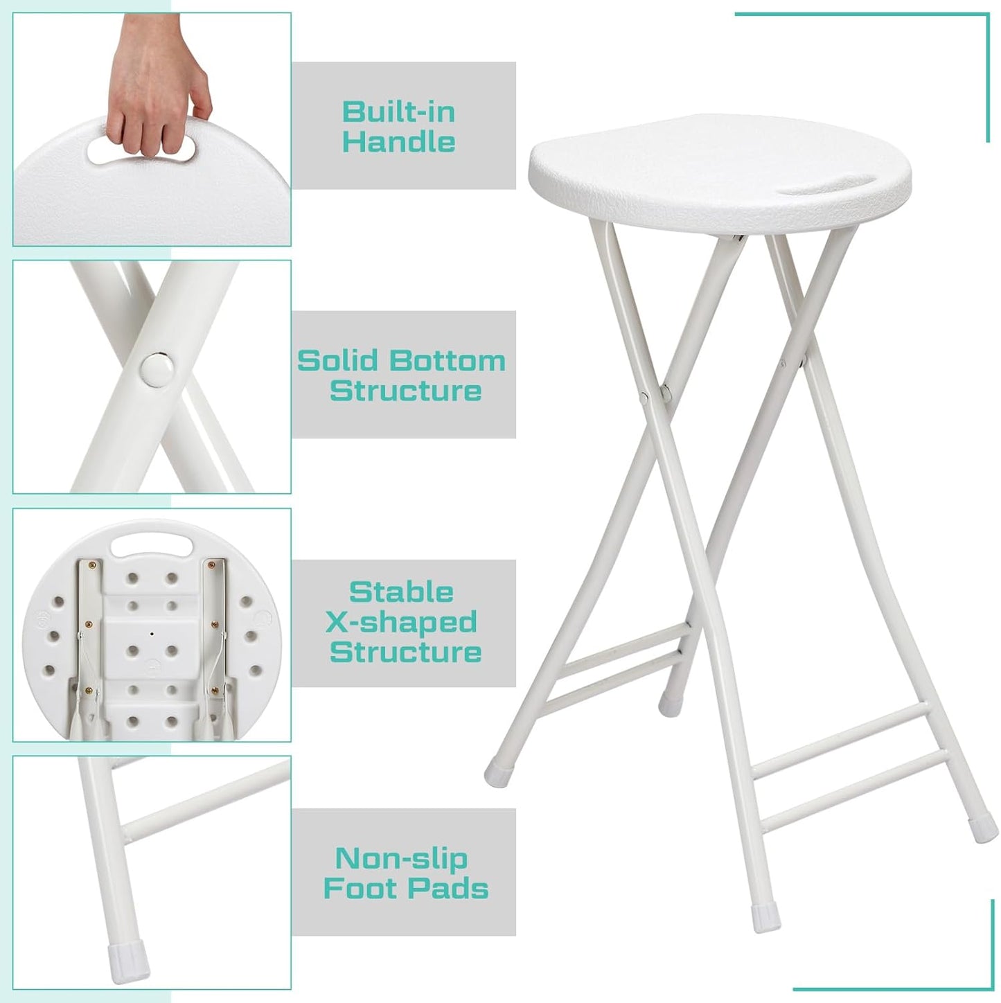 Suzile 2 Pcs 24 Inch Tall Folding Chair Portable Plastic Stool Chair Heavy Duty Foldable Bar Stools with Handle for Adults Kitchen Counter Room Home Camping Indoor Outdoor, 300lbs Capacity (White)