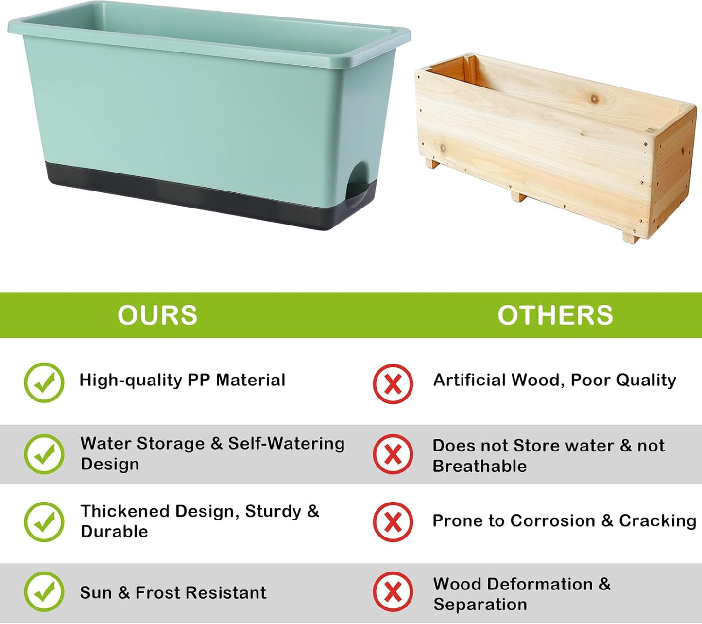 Window Box Planter 6 Pcs, 17 Inches Rectangle Flower Pots with Drainage Holes and Trays, Vegetable Planters for Windowsill Patio Garden Balcony Home Porch Yard Indoor Outdoor (Green, 17*7.4*7.8 inch)