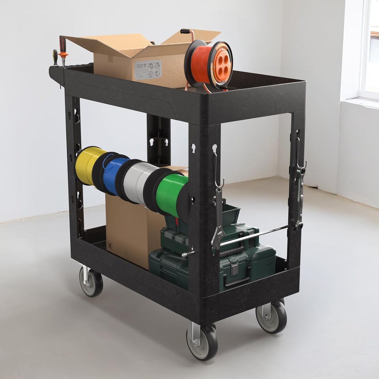 Heavy Duty Rolling Utility Cart with Wheels 2 Tier Utility Plastic Service Work Cart for Shop, Garage, Warehouse, Maintenance 550 lbs