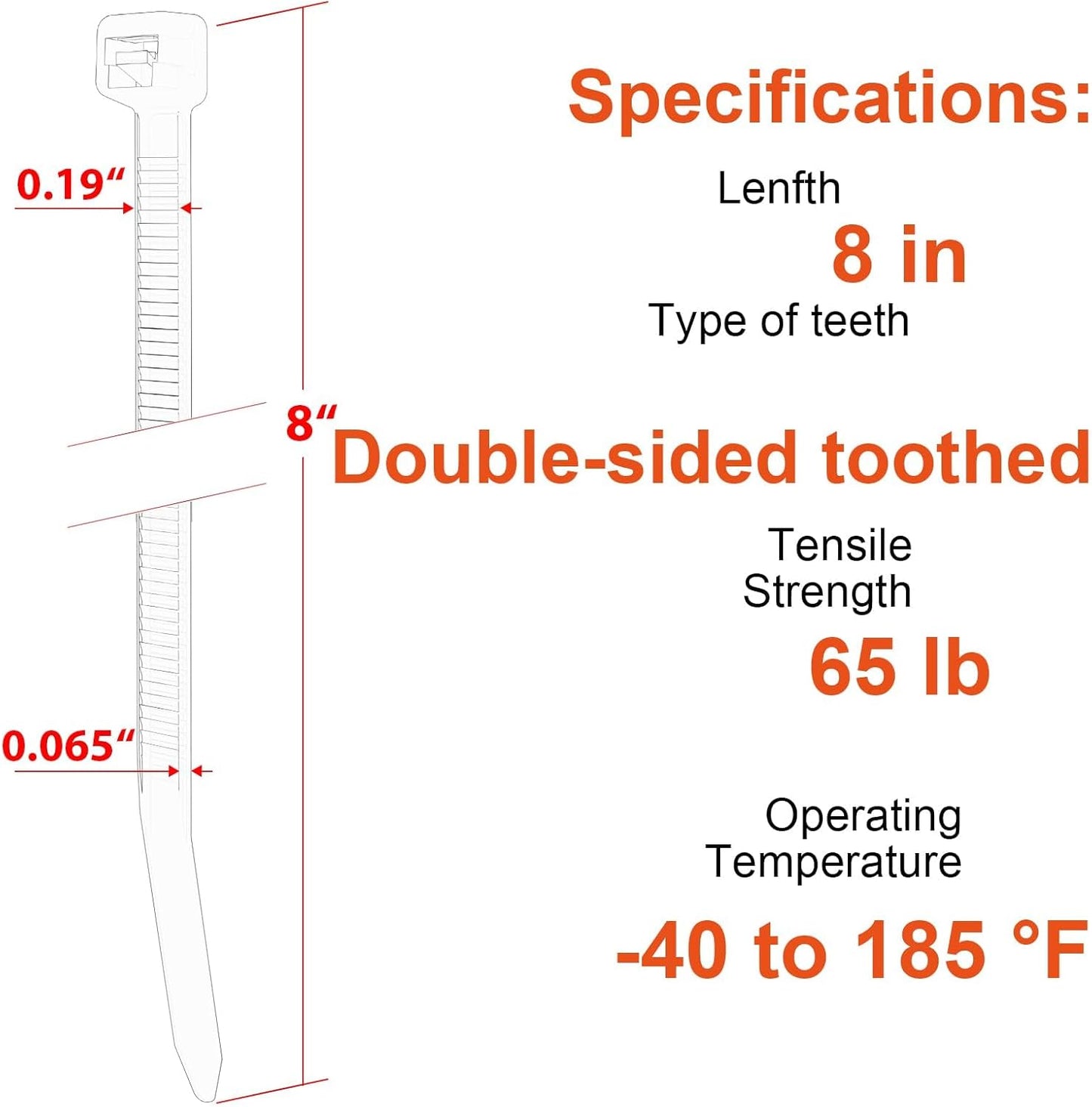 8 Inch Zip Ties Double Sided Toothed,65LBS Tensile Strength Heavy Duty Cable Wire Ties With Self-Locking Adjustable More Durable Nylon Tie Wraps for Indoor Outdoor（100 Pack）