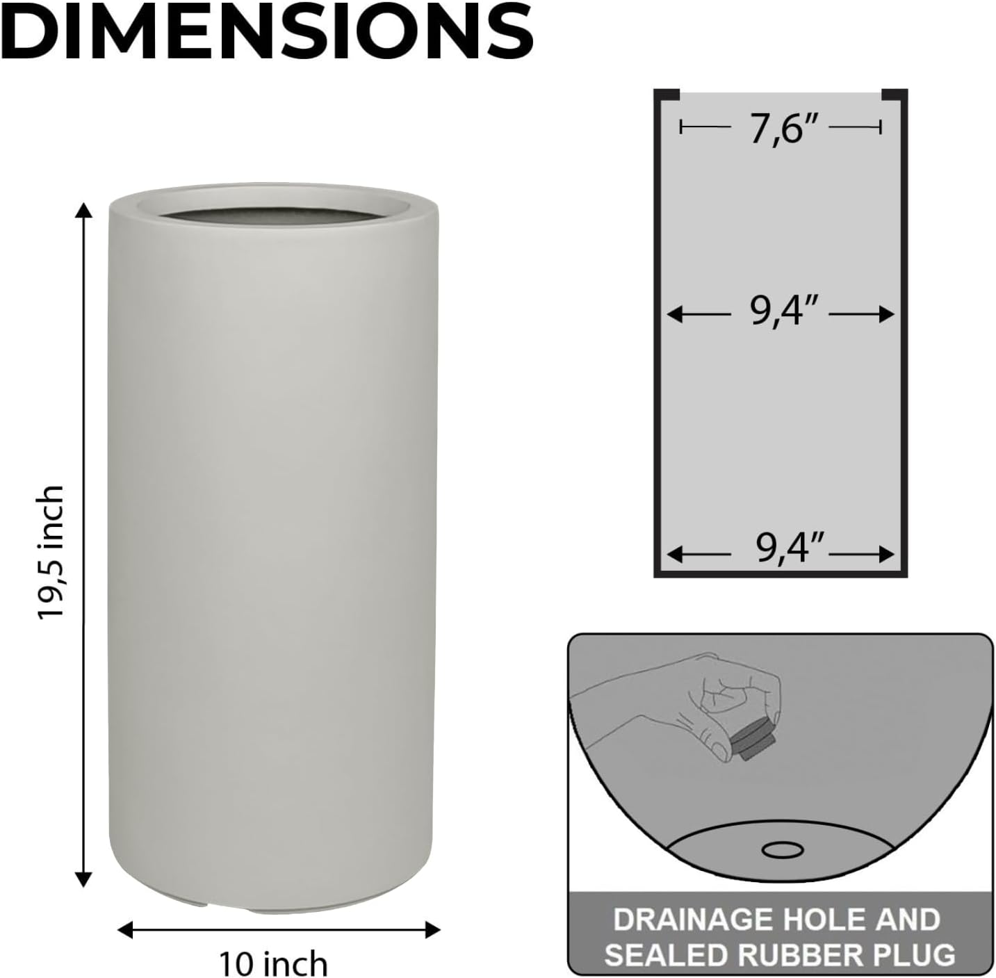 19.5" H x 9.8" D Tubo Fiberstone Cylinder Tall Planter with Drainage Hole, Smooth Finishes, for Indoor and Outdoor Use, Included 2 Extra Coco Mats (Light French Gray, 8.2" Pot Opening)