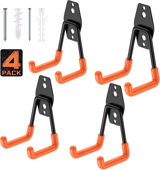 Utility Steel Wall Mount Heavy Duty Garage Hooks with Anti-Slip Coating,Storage More Yard,Garden and Power Tools and for Hanging Hose,Ladder and Bike(4 Pack 4.5x2.75 inch)