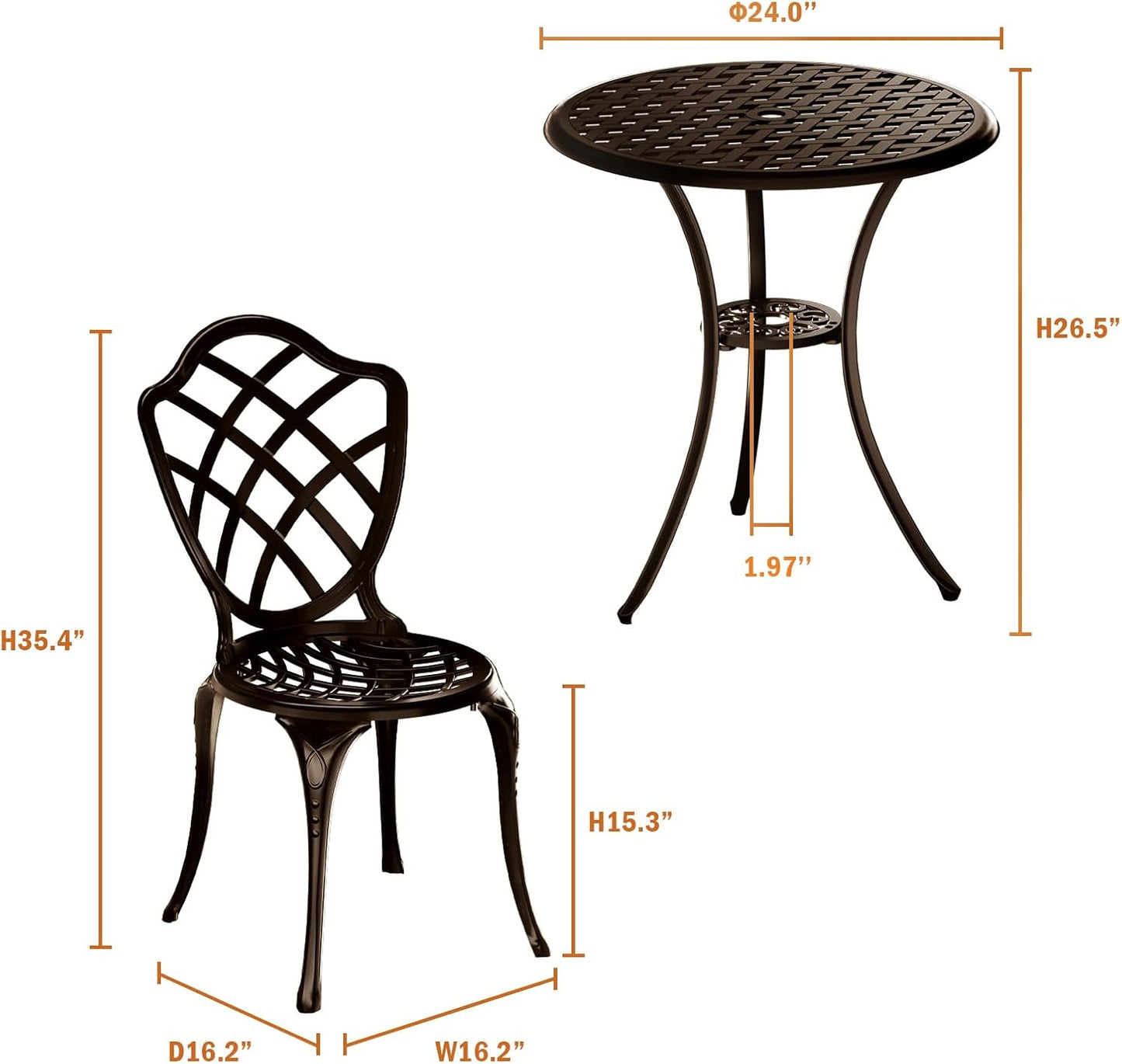 3 Piece Patio Bistro Set, Outdoor Bistro Table and Chairs Set of 2 w/Umbrella Hole, Rust-Resistant Cast Aluminum Bistro Set for Garden/Balcony/Backyard, Bronze