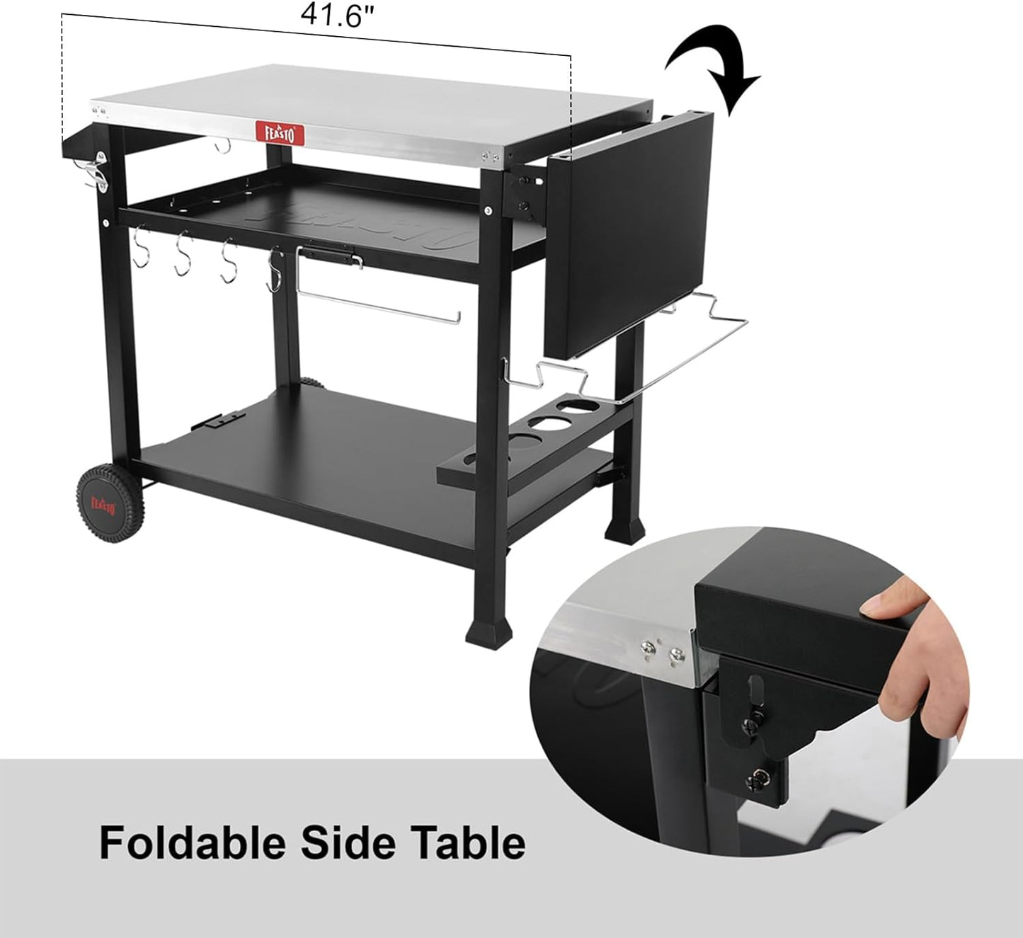 Outdoor Grill Table Cart, Pizza Oven Table Stand for Outdoor Indoor, 40" x 26" Stainless Steel Tabletop Dining BBQ Grill Table with Wheels for Food Prep, 3-Shelf Kitchen Cart Table with Cover