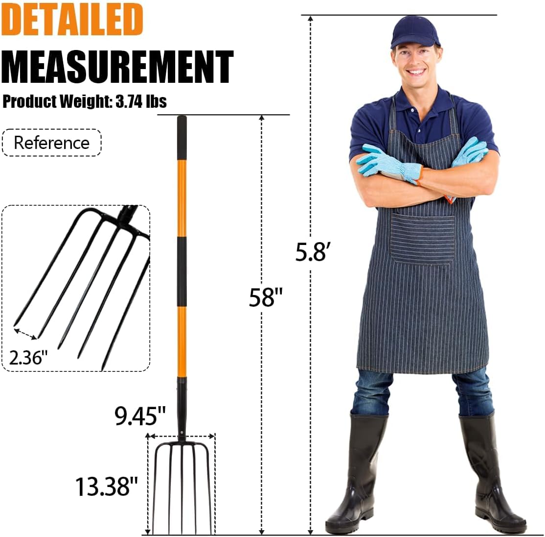 Pitch Fork-58 Inch，5-Tine Steel Garden Fork Heavy Duty, Mulch with Cushion Grip, Orange Fiberglass Handle