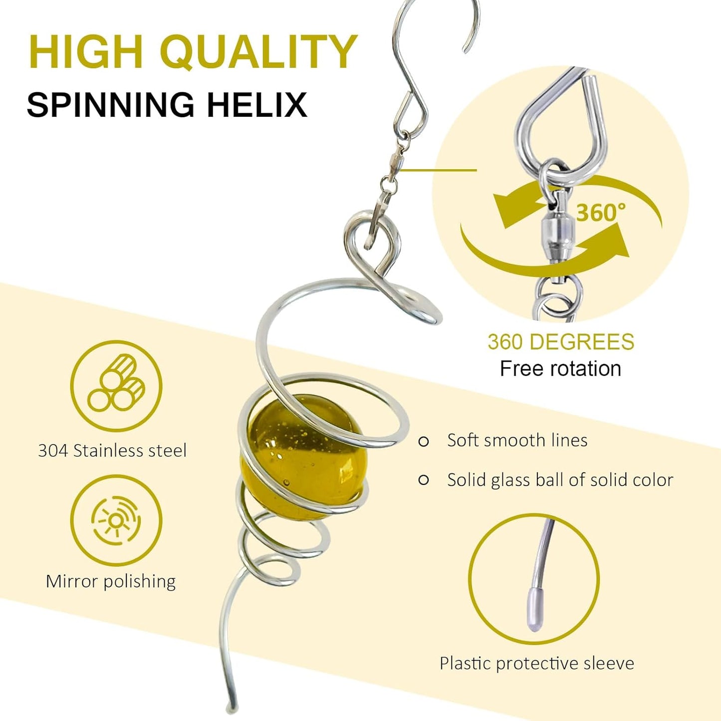 Gazing Ball Spiral Tail,Wind Spinner Tail with Gold Glass Orb,Wind Spinners Stabilizer,Visual Illusion in Spinning Hanging Rotating Art Decor,Indoor Outdoor Garden Decoration-13in