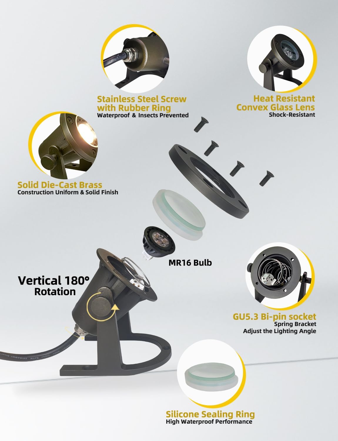 COLOER Brass Underwater Lights(Bronze) 6 Pack with LED MR16 Bulb 12V Low Voltage Fountain Lights IP68 Waterproof Copper Outdoor Landscape Lighting for Swimming Pool Ponds or Outside Water as Spotlight