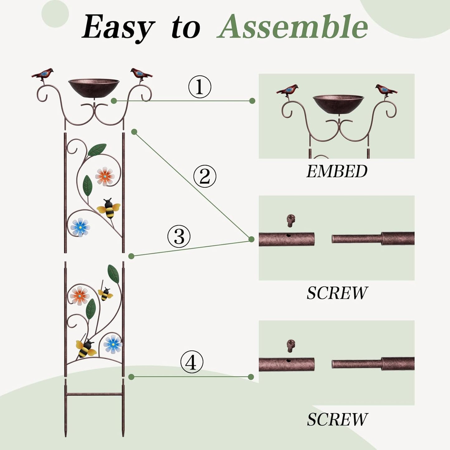 Bird Bath for Outside - Antique Iron Bird Bath with Trellis,Detachable Decorative Hummingbird Bowl,Metal Plant Support for Climbing Flowers,Elegant Outdoor Garden Feature (Honeybee)