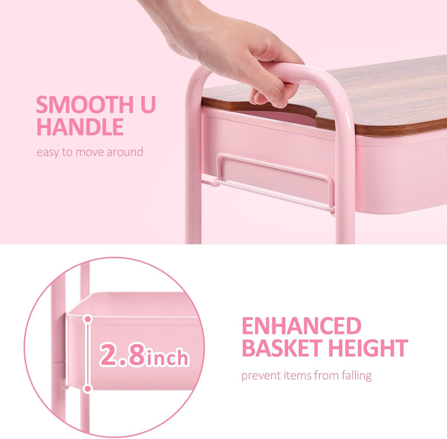 TOOLF 3-Tier Rolling Cart with Table Top, Metal Storage Cart on Wheels, Utility Organizer with Wooden Tray, Lockable Casters, Easy Assembly for Bathroom, Living Room, Office, Bedside, Pink