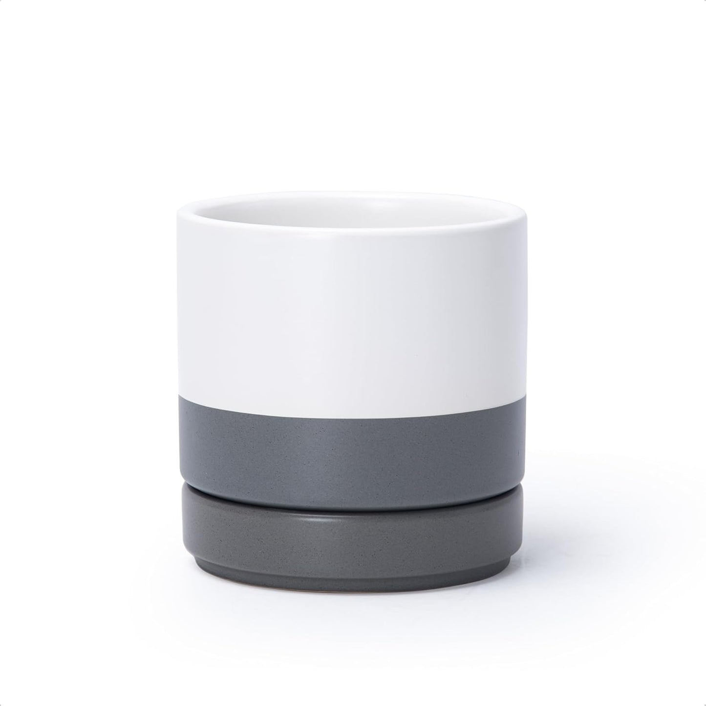 D'vine Dev 4.7 Inch Ceramic Planter Pot with Drainage Hole and Saucer, Indoor Cylinder Round Planter Pot, White/Speckled Grey, 94-O-B-6