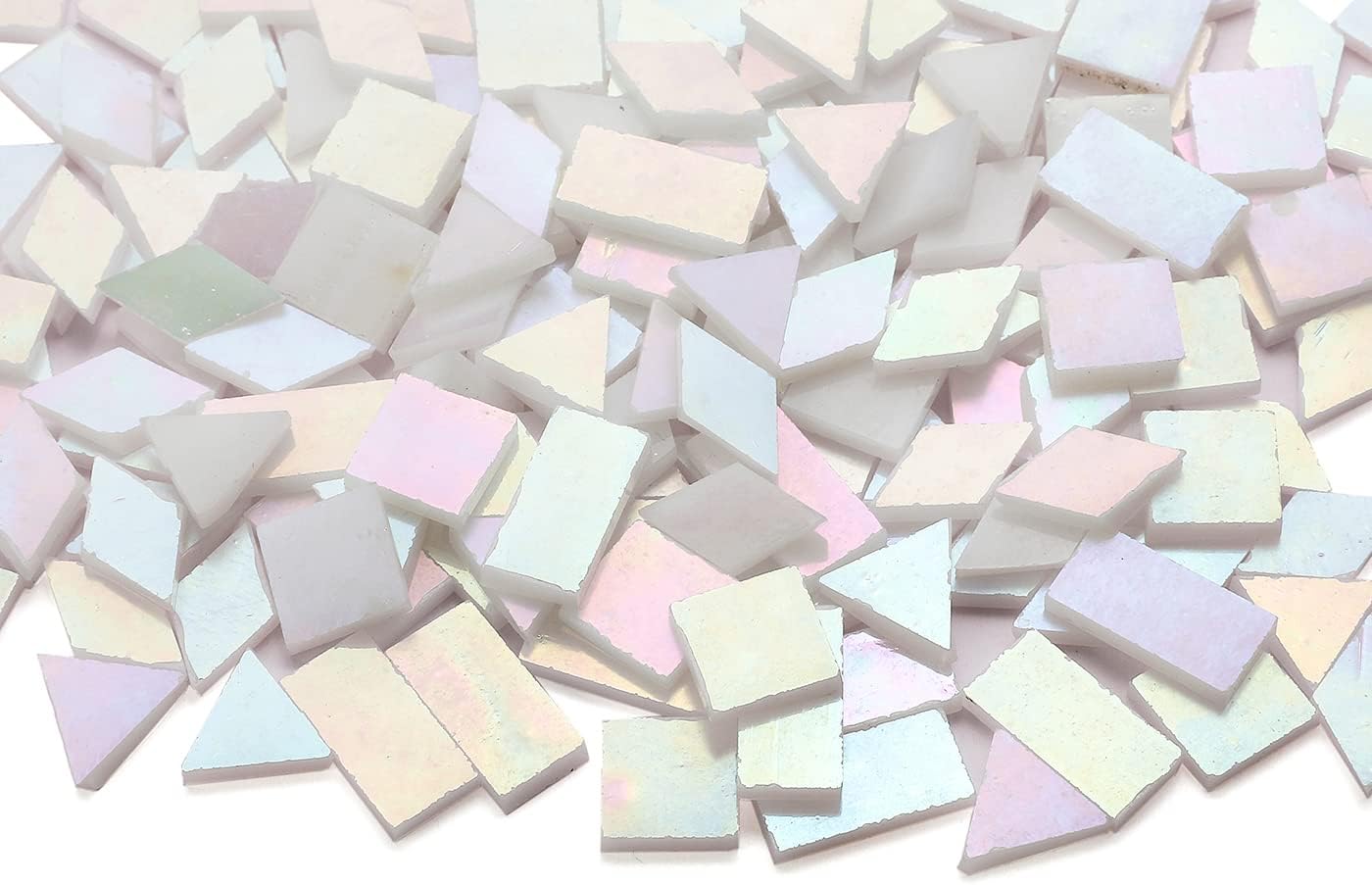 Lanyani Glass Mosaic Tiles for Art Crafts,4 Shapes Mixed Tiffany Stained Glass Pieces,200 Pieces,Square/Rectangle/Diamond/Triangle,Iridescent White
