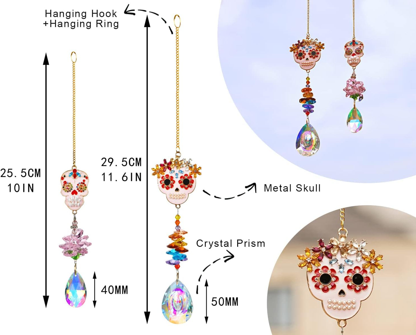 Skull-Shaped Colorful Rhinestones Pendant, Crystal Beads Chain with Glass Chandelier Suncatcher Drops Prisms Hang Ornament, Pack of 2