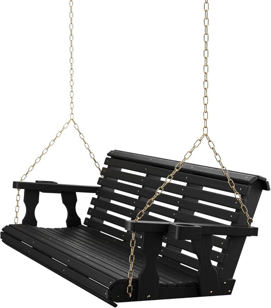 Amish Casual 6 Foot Roll Back Porch Swing with Cup Holders in Semi-Solid Black Stain - Amish Made in The USA from Treated Pine Heavy Duty 700 Lb. Weight Capacity