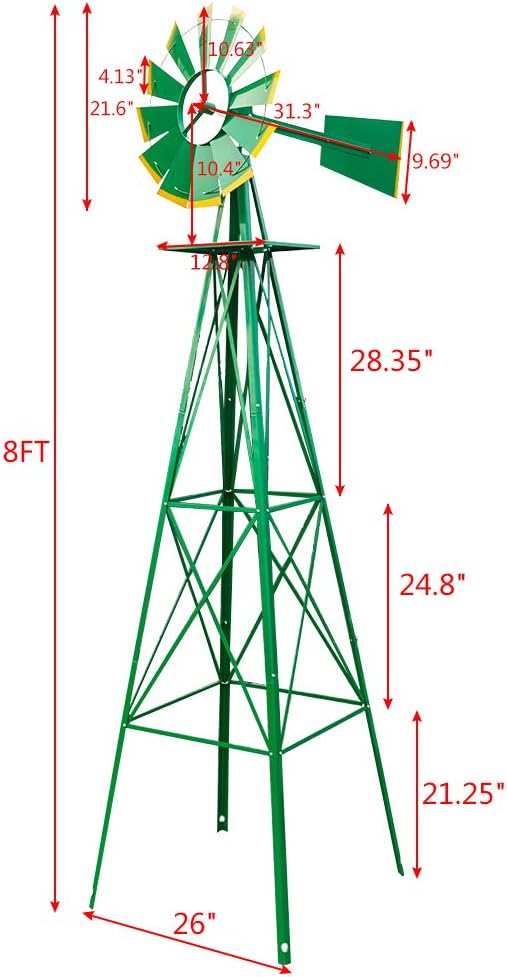 Garden Windmill for Yard Decor, 8 ft Tall Metal Windmill with Spinning Blades, Weather-Resistant Outdoor Windmill for Lawn, Farmhouse, Rustic & Farm Decor,Green
