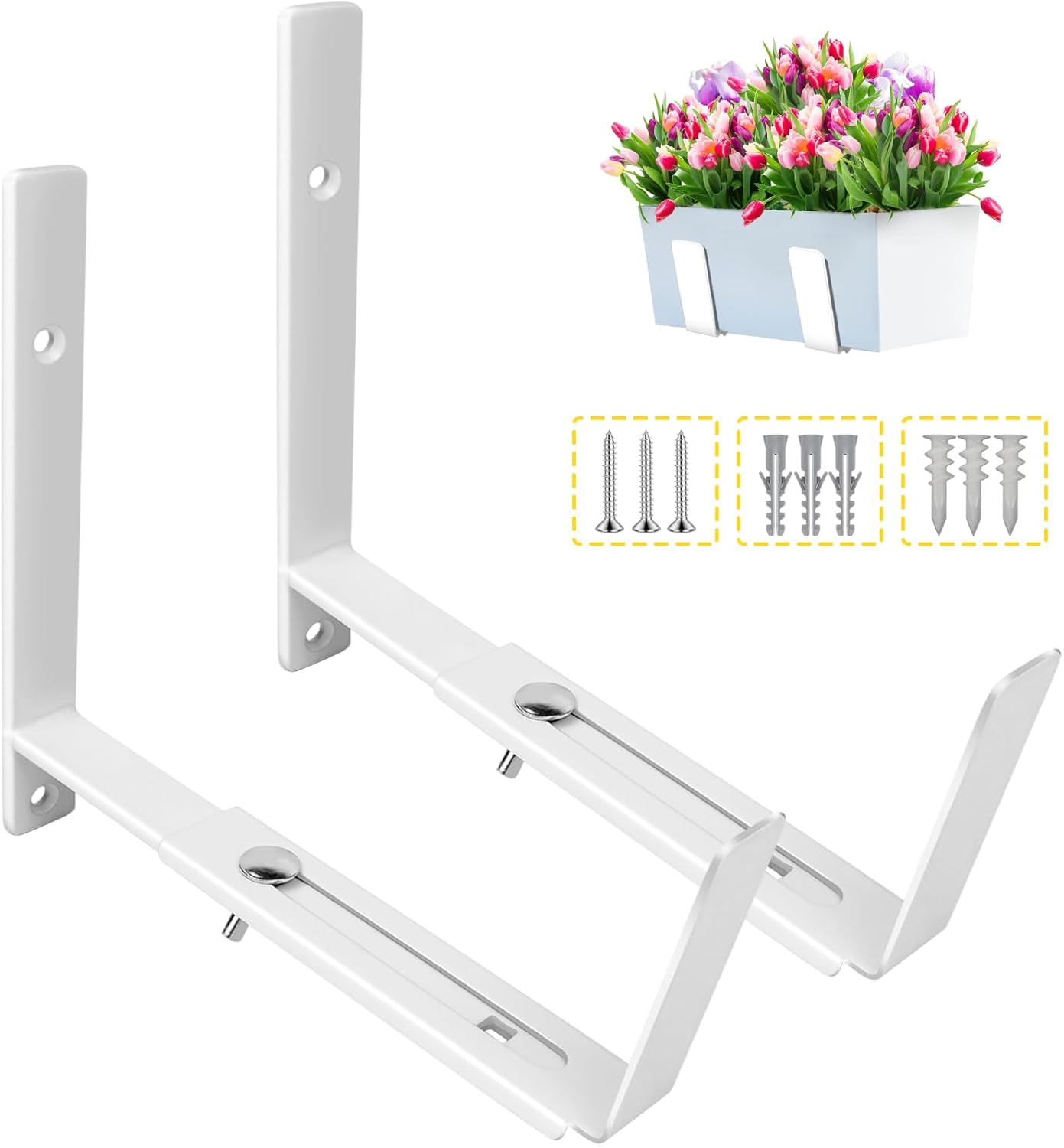 LukLoy Window Planter Box Brackets, 2 Pack Adjustable Heavy Duty Wall Mount Window Flower Boxes Outdoor with Bracket (6 to 12 in), with 70lbs Capacity, White