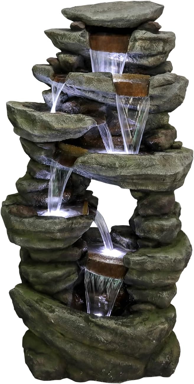 SunJet 60" High 7-Tiers Cascading Rock Outdoor Water Fountain with LED Lights - Large Outdoor Fountains and Waterfalls for Garden or Patio, Yard, and Deck Decor, Featuring Natural Stone Look