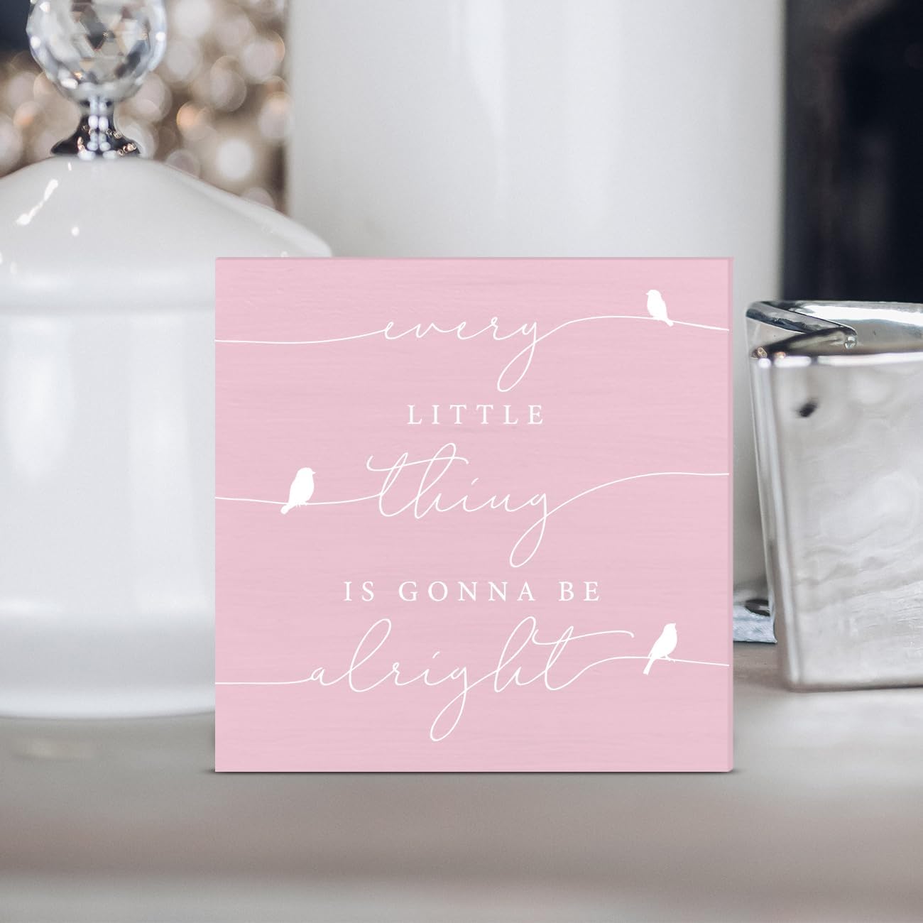 Every Little Thing is Gonna Be Alright Birds Wooden Box Sign Farmhouse Wood Box Sign Spring Art Blocks Desk Shelf Tabletop Home Decor 5 X 5 Inch (pink)