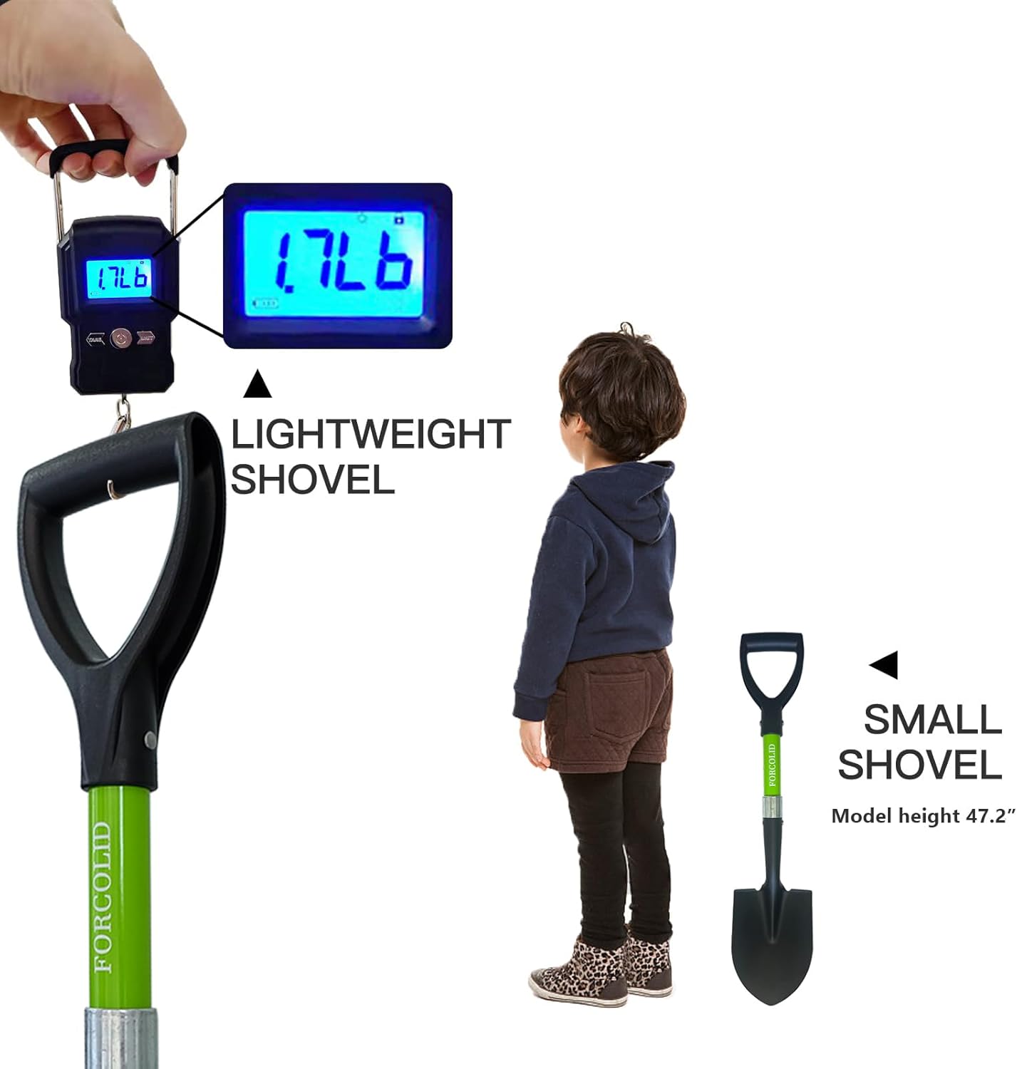 Beach Shovel,Kids Shovels for Digging,Short Handle Metal Shovel,Small Shovels for Gardening,Camping,Planting,27Inches,Green