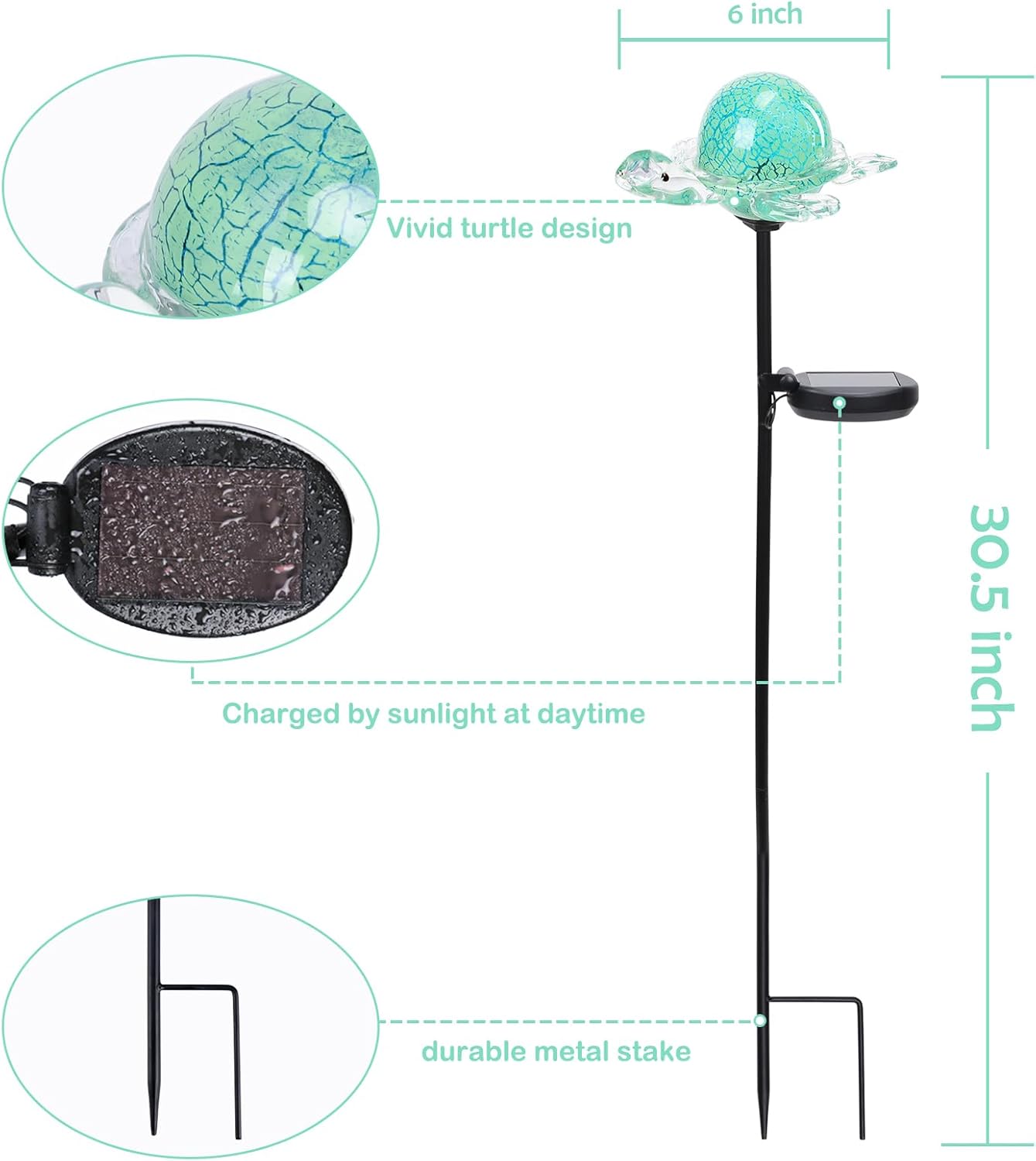 Afirst Decorative Solar Lights Outdoor Solar Turtle Stake Lights Hand Blown Glass Decorative Garden Pathway Light Outdoor Waterproof Glass Stakes Green