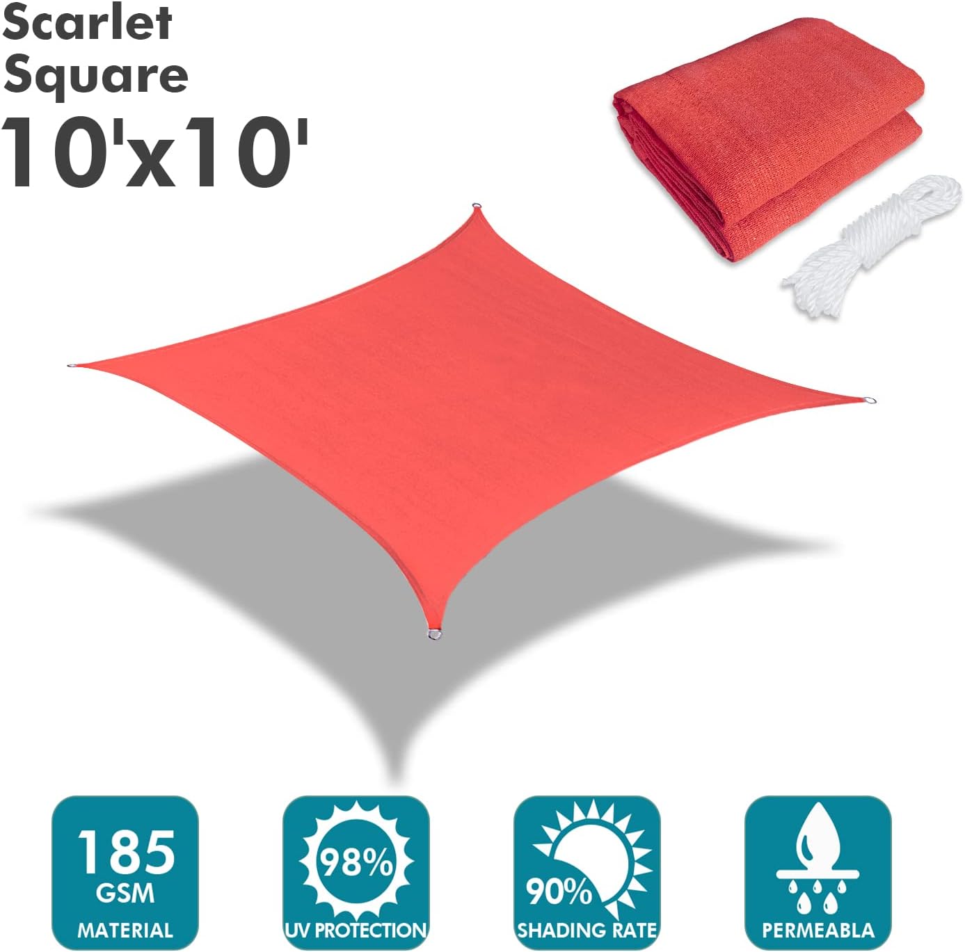 KANAGAWA Sun Shade Sail 10'x10' Scarlet Rectangle UV Block Canopy Awning Shelter Fabric Cloth Screen for Outdoor Patio Garden Backyard