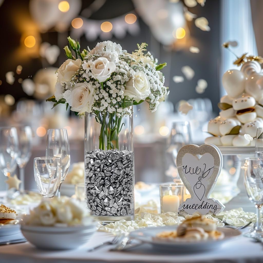 HappyFiller 3-7mm Candle Holder Mini Rocks,Vase Fillers Small Gravels Stones,Terrarium Succulent Planter Soil Cover Decor Pebbles,Aquarium Fishbowl Granule,Crushed Glass,Silver 0.81 LB