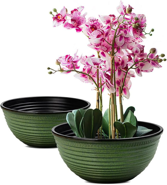 2 Pack 10 Inch Plant Pots,Durable Decorative Flower Pots Planters with Drainage Hole for Indoor and Outdoor Plants,Flowers,Succulents, Green