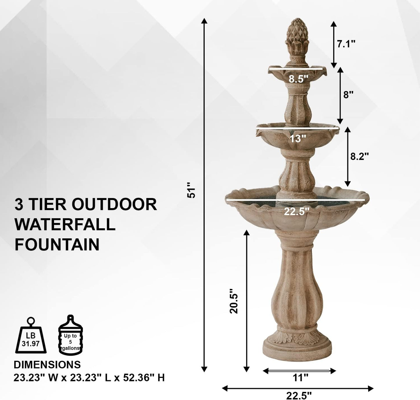 XBrand 3-Tier Freestanding Waterfall Fountain w/Pump & Pineapple Top, 51 Inch Tall, Beige, Large Outdoor Garden Fountain, Ideal for Garden, Porch, and Lawn