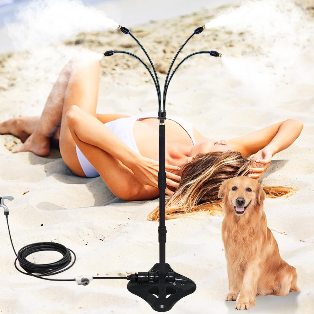 UR Forest Updated Standing Misting Cooling System 26FT Misting Line + 4 Brass Misting Nozzles,4 Height Option, Stand Mister Hose for Outside Outdoor Patio, Pet Cooling, Kids Water Playing