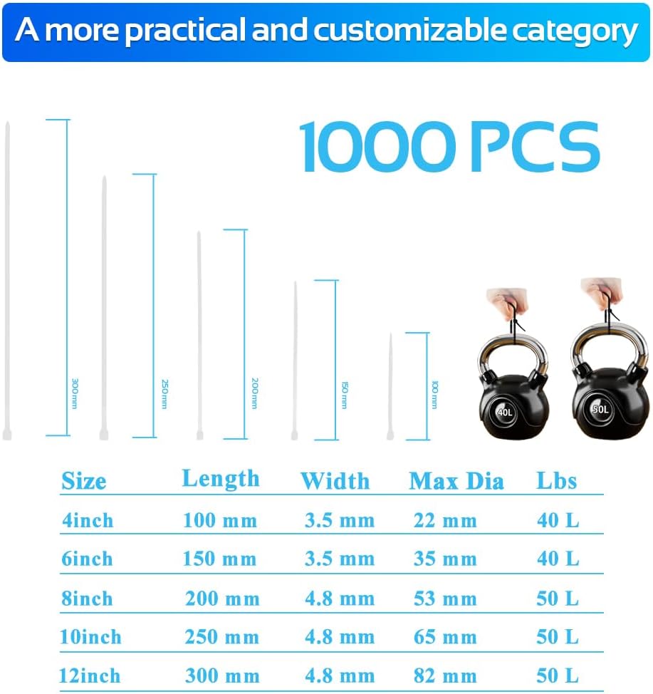 1000pcs 12Inch Nylon Zip Ties, 50 Pounds Tensile Strength,White Cable Tie,Industrial Grade,UV Resistant,Heavy Duty,for Home,Garden Trellis,Office,Garage and Workshop