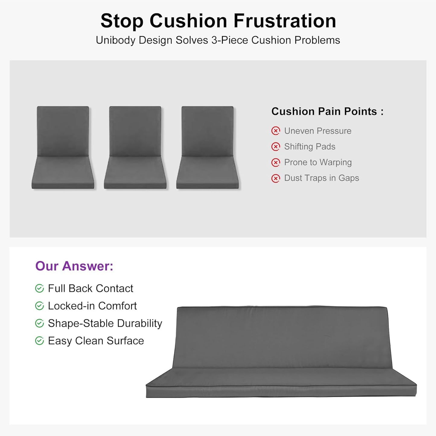 PURPLE LEAF Outdoor Patio Porch Swing Adjustable Backrest, 3-seat Swing Chair with Weather Resistant Steel Frame for Backyard Front Porch Lawn, Cushion and Pillows Included, Grey