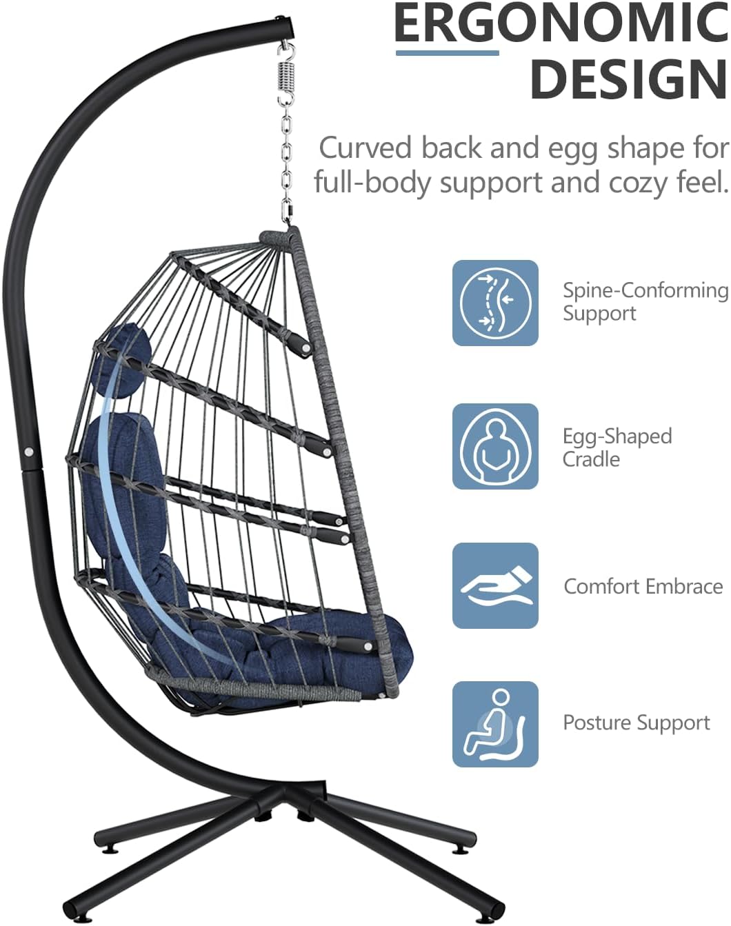 SWITTE Egg Chair Outdoor with Stand, Indoor Wicker Hanging Egg Swing Chair with Cushion, 350lbs Capacity for Patio, Bedroom, Garden - Dark Blue