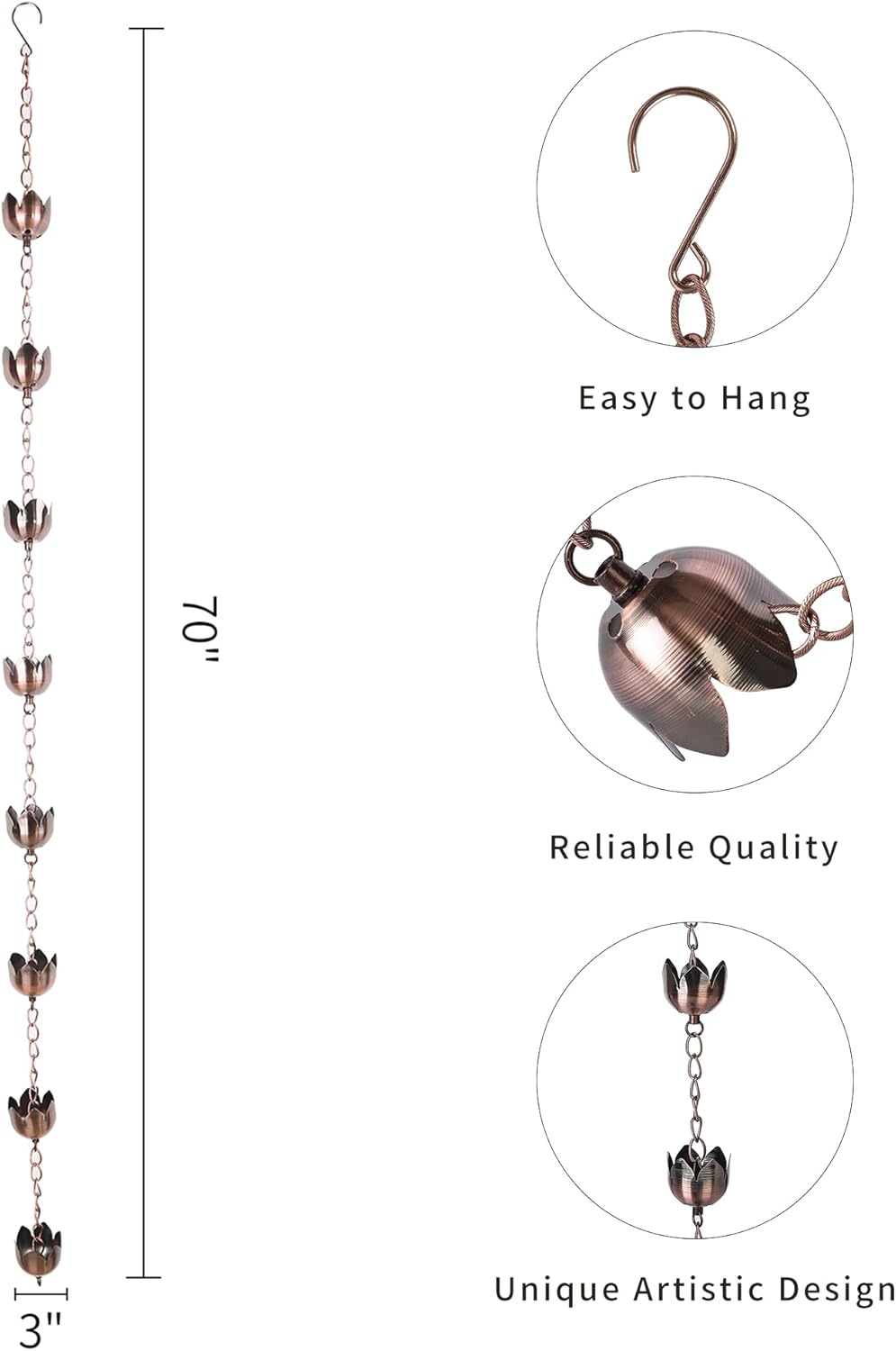 Rain Chain Decoration 6 Ft., Rain Catcher Chain Gutter Metal Downspout 70'' for House Eaves, Garden & Home, Flower Shape Rain Chains