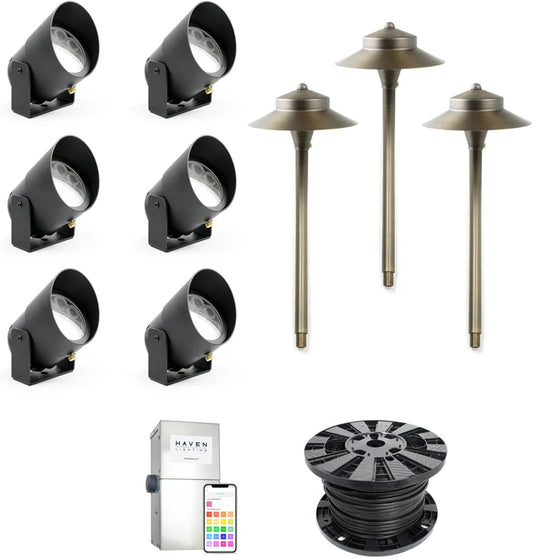 Haven Lighting 9 Series Pro Landscape Lighting Kit - Professional-Grade App Controlled Smart Lights with WiFi - Color Changing Exterior House Lighting, 6-Up/3-Path LED Lighting Kit