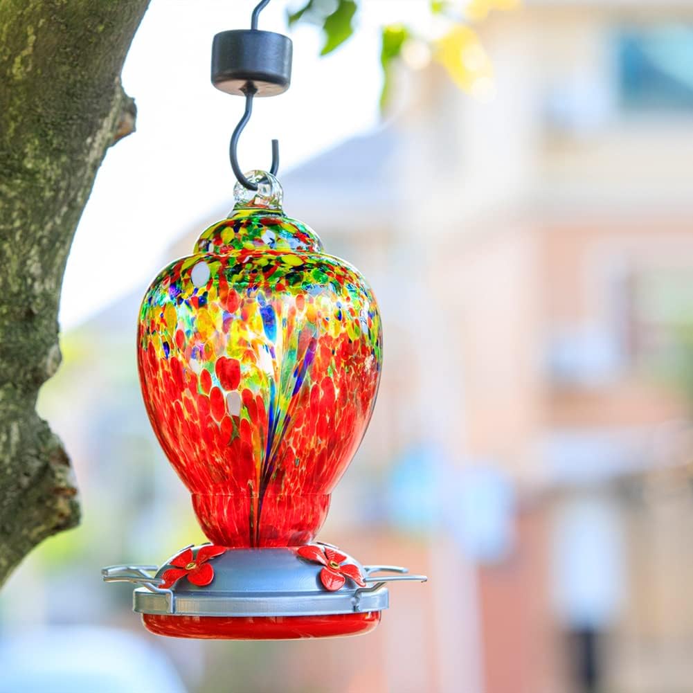 WOSIBO Hummingbird Feeder for Outdoors Patio Large 32 Ounces Colorful Hand Blown Glass Hummingbird Feeder with Ant Moat Hanging Hook, Rope, Brush and Service Card (Red-Sunrise)