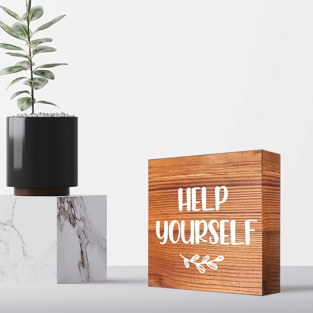 Help Yourself Brown Wood Block Sign Desk Decor,Rustic Wooden Box Plaque Sign for Home Bedroom Farmhouse Shelf Table Decor