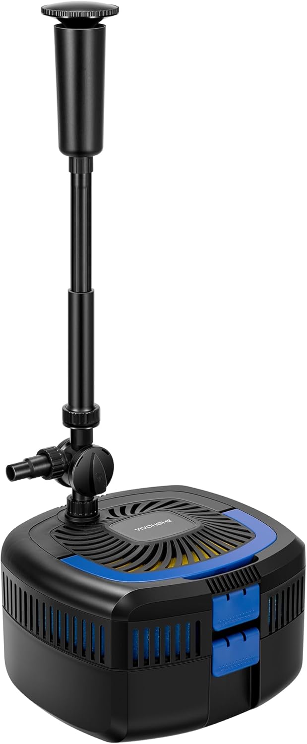 VIVOHOME 4-in-1 Pond Filter System Kits, 1370 GPH Water Pump with Filter, Fountain and 13W Light Combo for Ponds up to 2113 Gallons