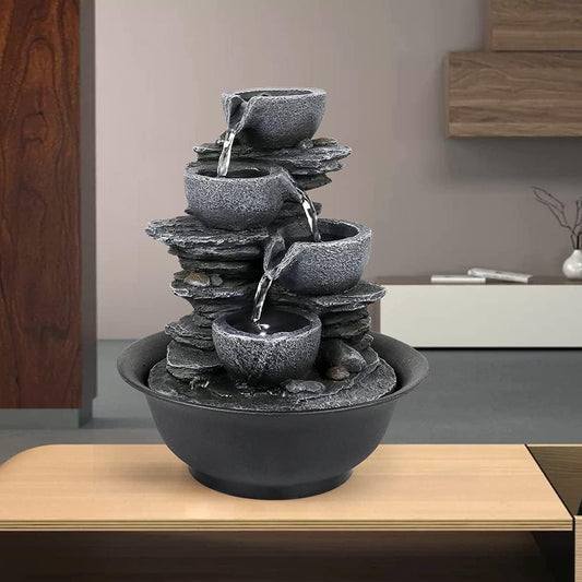 10.6” High Cascading Tabletop Fountain w/LED Light - 4-Tier Bowls Rock Water Fountains Indoor Small Relaxation Waterfall Feature for Home, Office and End Table Decoration (10.6" high, Gray)