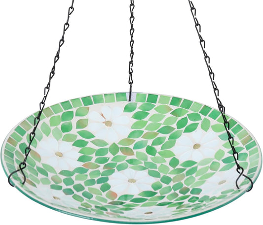 VCUTEKA Hanging Bird Bath, Glass Mosaic Bird Baths for Outdoors Birdfeeder with 21 inch Rust-Proof Chain for Garden Yard Decor