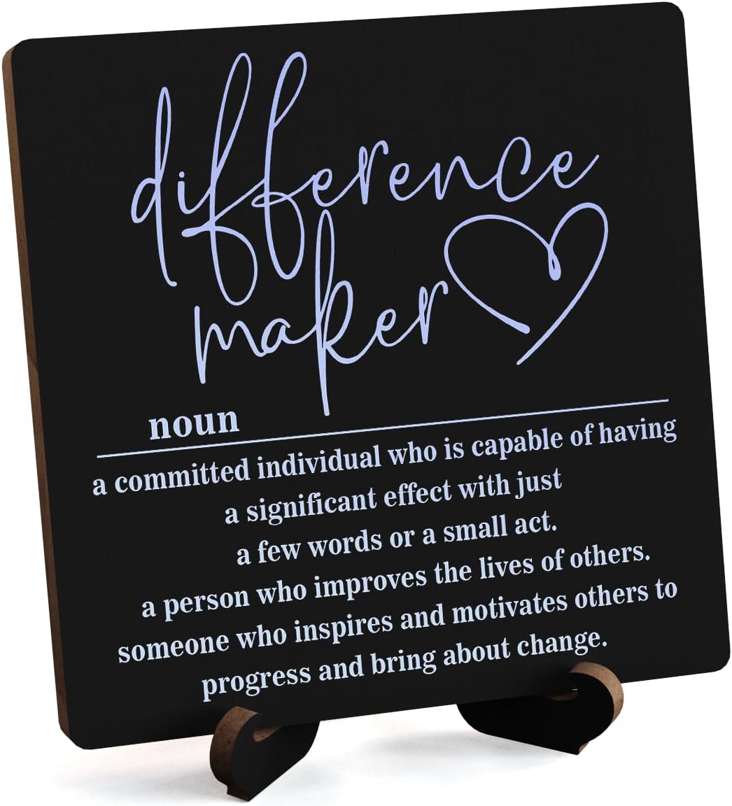 Wooden Table Sign Office Decor Difference Maker Definition Desk Decor Wood Plaque With Stand Thank You Gifts for Boss Women Best Mom Coworker Teacher Office Desk Accessories(Black)-C04