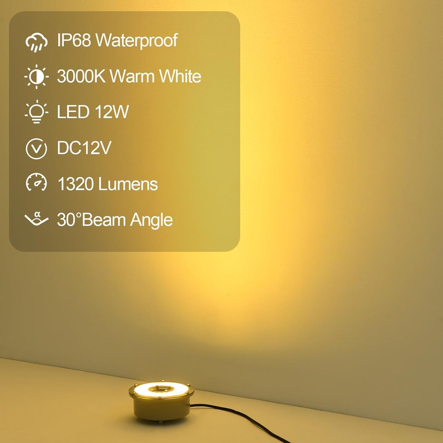 Fountain Light 12W 12V DC Warm White Waterproof Grade IP68 LED Spot Light Landscape Lighting Suitable for Fountains, Waterfalls,Pond and Grass Land（Not Include 12V Transformer）