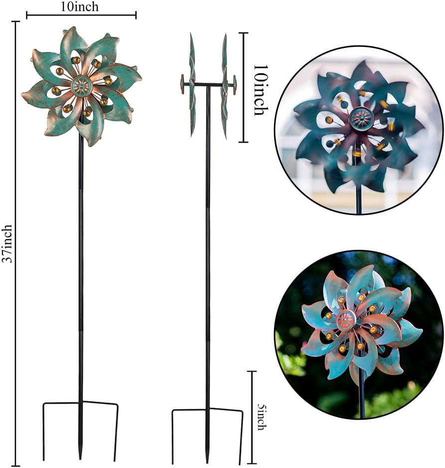 VEWOGARDEN Garden Decor Wind Spinners, Small Waterproof Metal Pinwheels Wind Spinner for Yard and Garden 37 * 10inches (Double Blade)