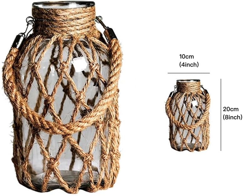Set of 2 Rattan Hanging Mason Vase - Decorative Jars With Rope for Wedding Party Table Sea Beach Decor (2 Vases 8'')
