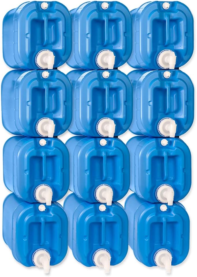 5 Gallon Stackable Water Containers (12-Pack) | 100% Food Grade, BPA-Free | Durable Indoor Outdoor Storage Large Water Jug | Camping Accessories, Survival Gear, Prepper Supplies